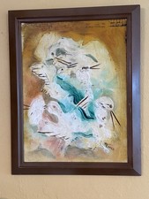 Vintage Textured Oil on Canvas Signed Framed Abstract Flock of Birds - N Cowen