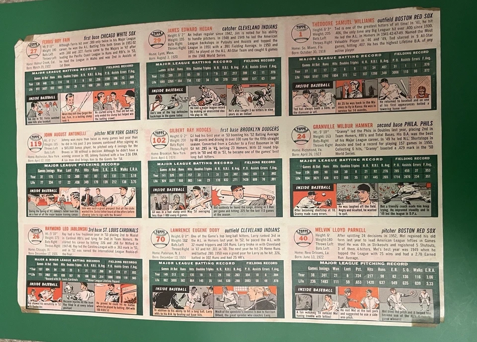 Raro 1954 Topps Béisbol Sin Cortar Revista Insertar Hojas Lote (3 Paneles) - 27 Tarjetas Foto 4 de 4