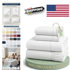 Durable King Size Sheets Set 100 Percent Organic Cotton Crisp White Comfort