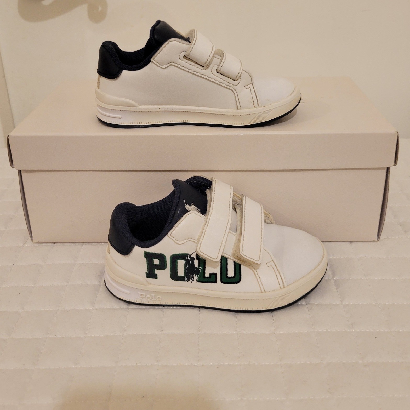 Polo Ralph Lauren Kids Boys 7 White Navy Green Hook and Loop Basketball Sneakers image 4