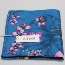Eton NWT 100% Silk Pocket Square In Blue w/ Multicolor Floral & Animal Graphics