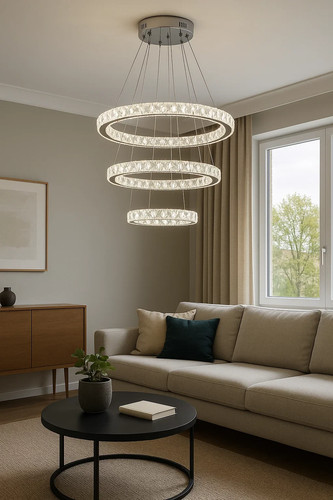 Modern LED Crystal Chandelier Round Ceiling Light 60W 3 Ring Tier CCT Switch - 第 2/11 張圖片