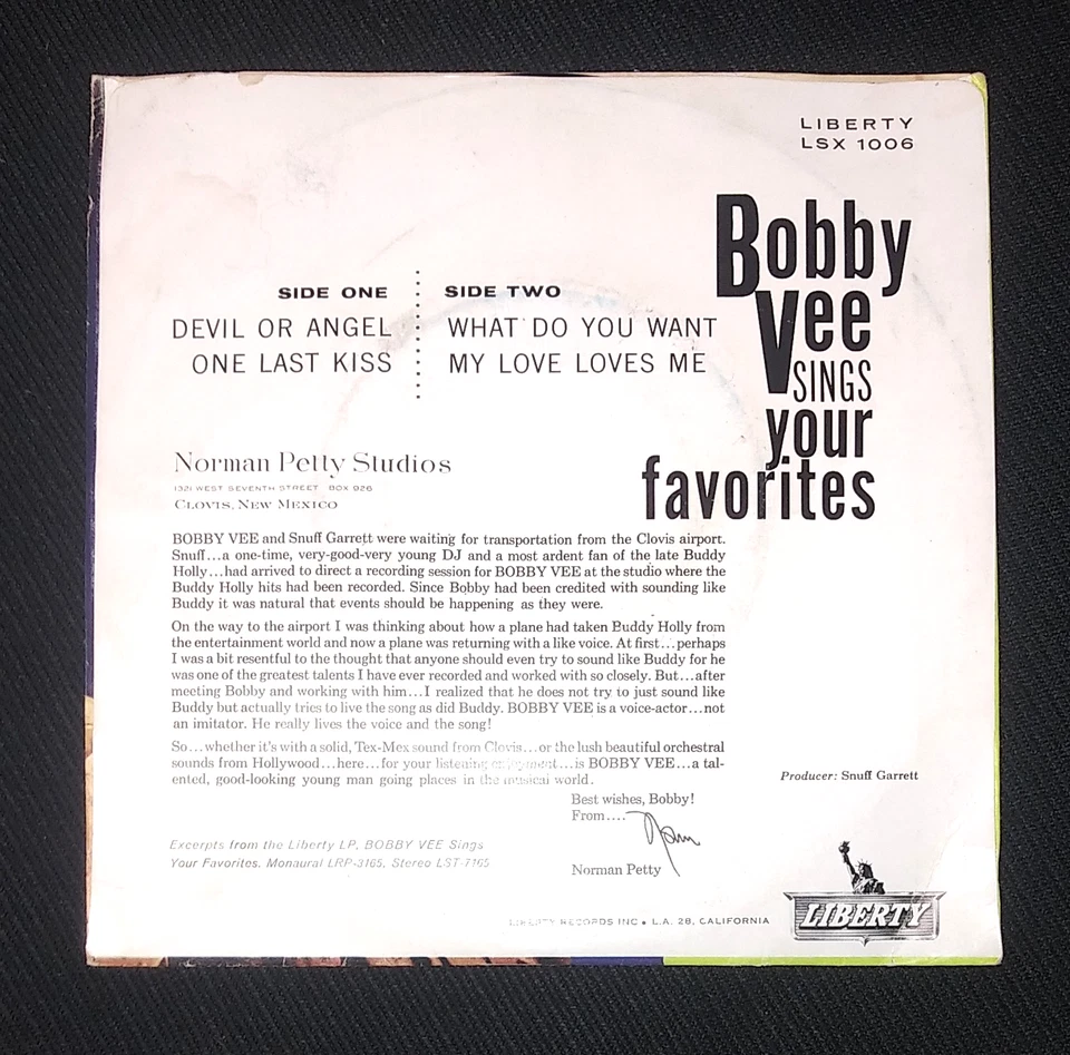 Vintage 45 rpm EP rock BOBBY VEE Devil or Angel 1960 Liberty LSX 1006 in rare PS Foto 4 de 4