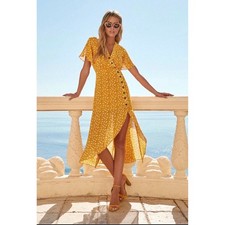 Lulus Mustard Yellow Floral High-Low Midi Dress Flutter Sleeve V-Neck Large