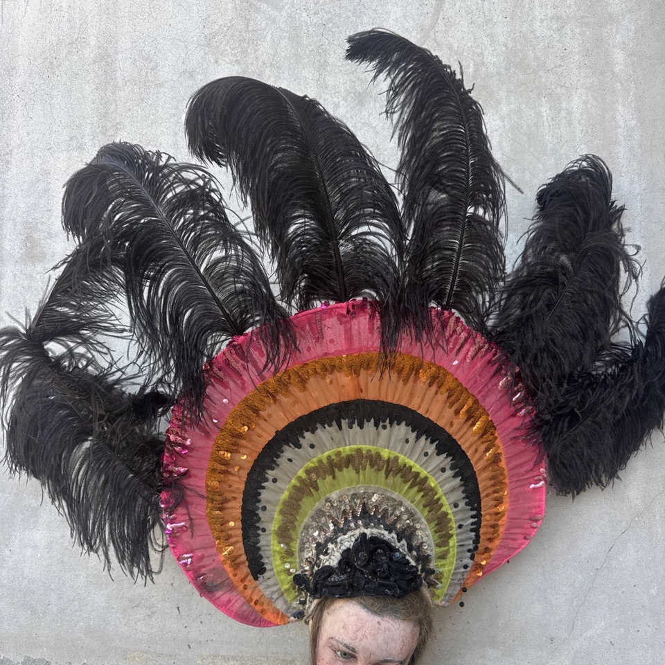 Vintage 1930s Sequin Mesh & Feather Headpiece Hat Showgirl Burlesque Beaded - Image 2 of 4