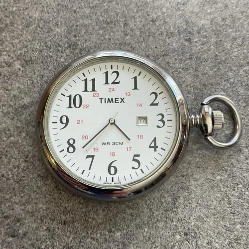 Vintage Timex Quartz Mens Pocket Watch 48.5mm Silver Tone Case White Dial A15