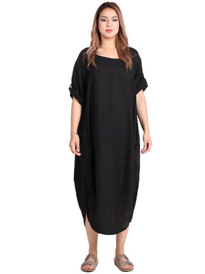 Italian Lagenlook Linen Dress Round Neck Curved Hem One Size Plus UK 14-20 New