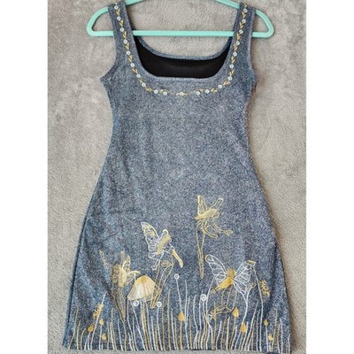 Womens Dress Small Blue Metallic Fairy Mushroom Embroidered Sleeveless Mini