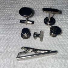 Vintage Onyx Silver Tone Cuff Links And Dress Shirt Studs