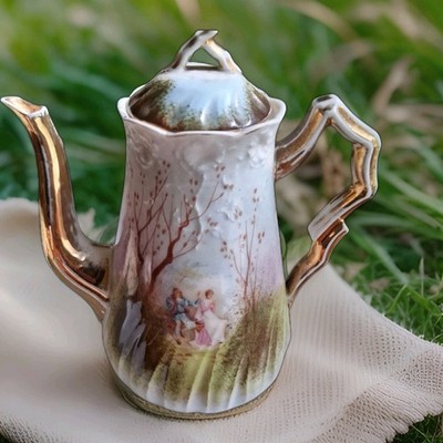 Vintage 1930s Requena Fine Porcelain Tea Pot Hand Painted Courting Couple, 6'' T