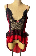VTG Stroke Of Midnight Red Black Lace Sheer Lingerie Babydoll Dress Hi Low Large