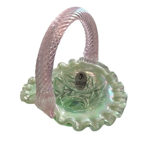 Fenton Green Iridescent Glass Mini Basket With Pink Iridescent Handle - USA Made