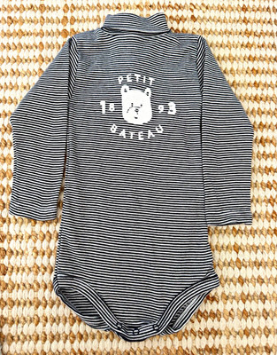 Petit Bateau Navy/White Striped Bear Print Long Sleeve Snap Bodysuit 9-12M