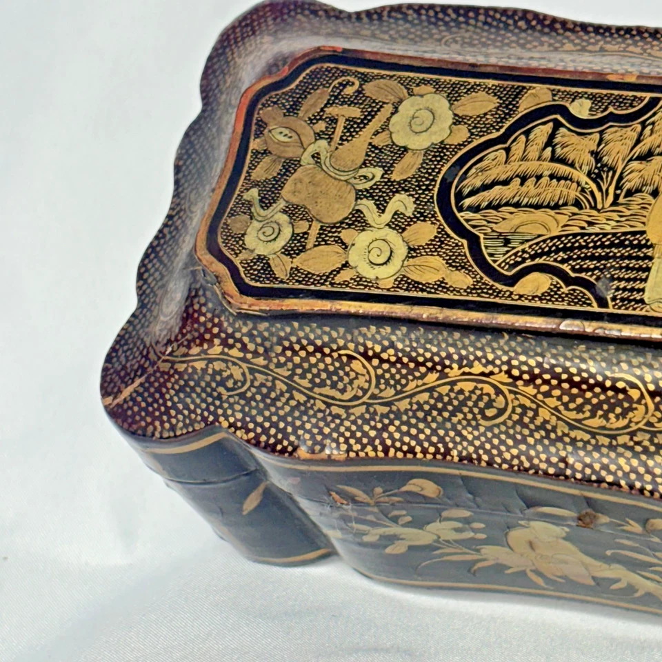 Caja de presentación decorada dorada laca marrón con abanico de mano de colección ajustada y forrada Foto 4 de 4