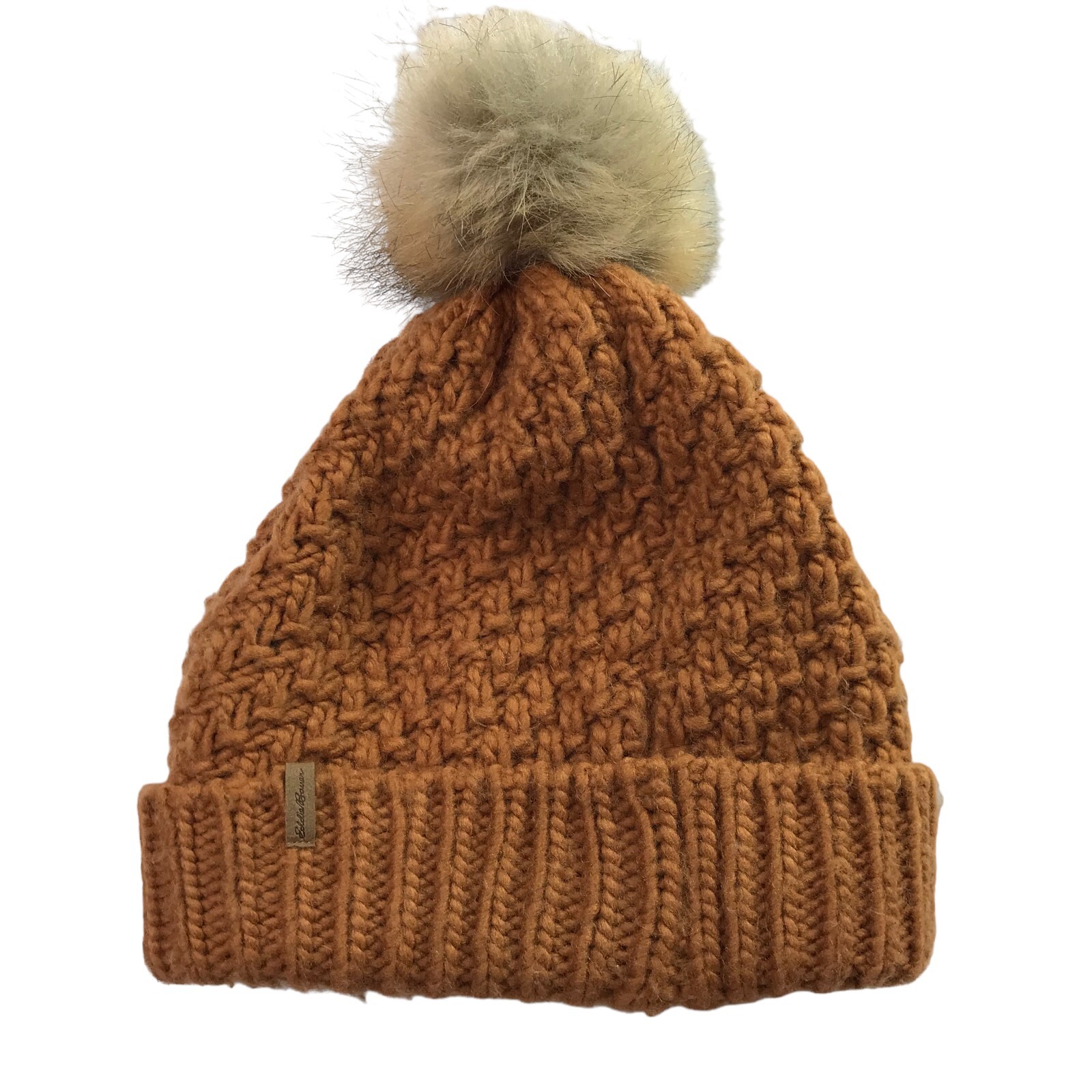 Eddie Bauer Knit Cablenknit Chunky Warm Beanie Hat Cap. Pom Pom on Top Faux Fur