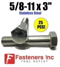 (Qty 25) 5/8-11 x 3" Stainless Steel Hex Cap Screw / Bolt 18-8 / 304