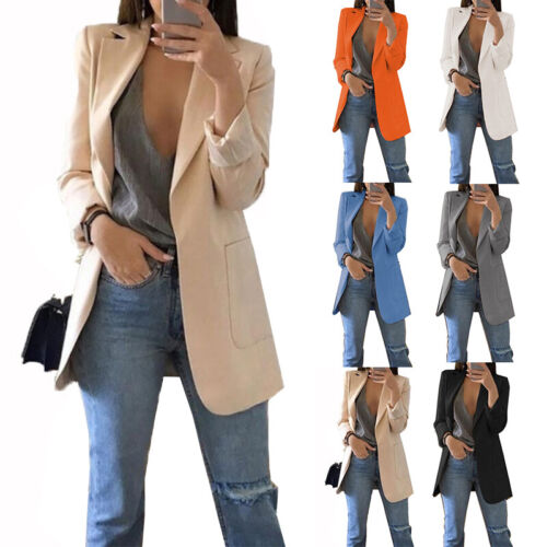 / Women Longline Blazer Suit Slim Ladies Coat Formal Jacket Slim Plus Size Elega - Picture 1 of 17