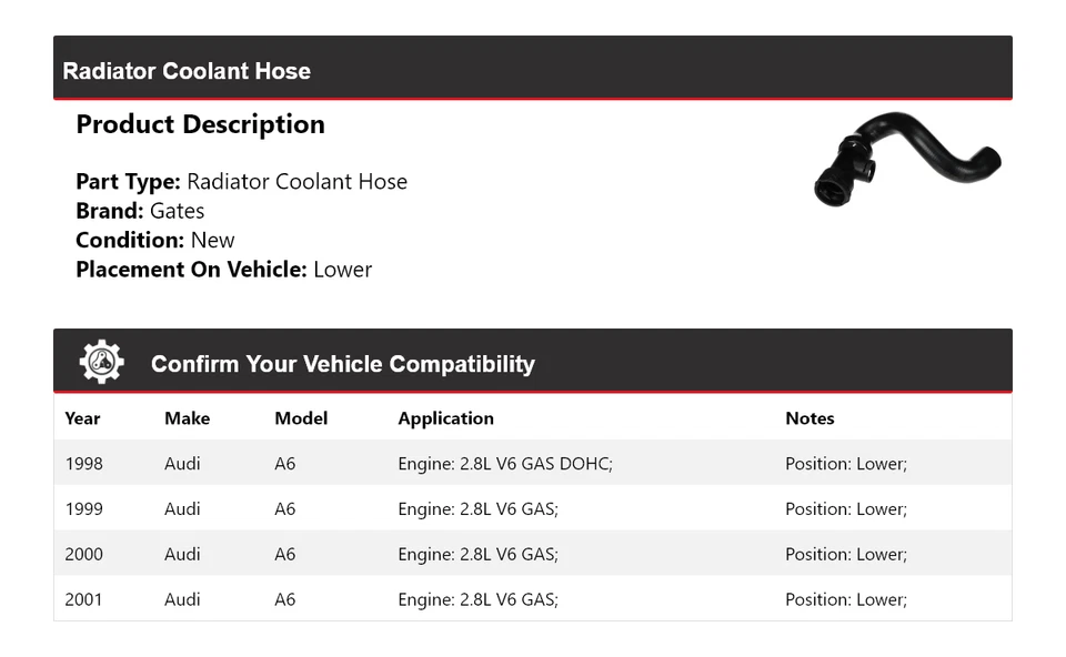 For 1998-2001 Audi A6 Radiator Coolant Hose Lower Gates 1999 2000 - Image 2 of 4