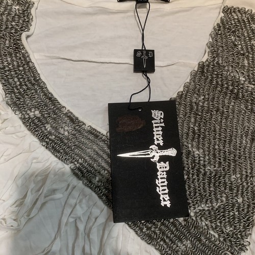 Camicia nuova con etichette argento pugnale catena frange posta frange top XL bianca tagliata manica lunga - Foto 3 di 11