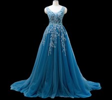 Prom Dress Appliques Lace Blue Sleeveless A-Line Embroidery Evening Party Dress