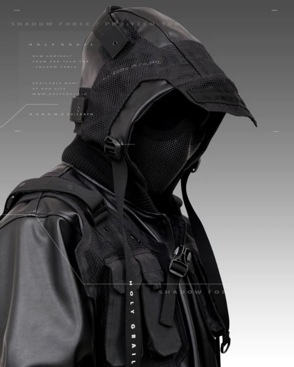 Men's Techwear Black Leather Jacket Hoodie Full Zip Buckle H-G
