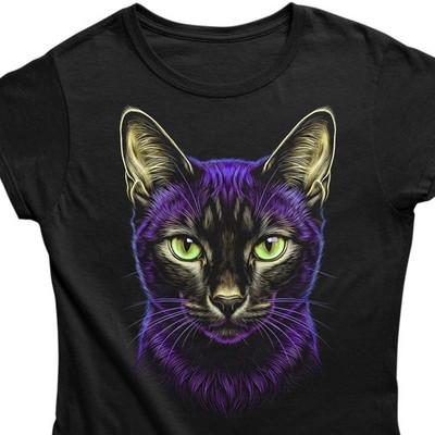 Damen T-Shirt Katze Neon Lila Grün Augen Glow Design
