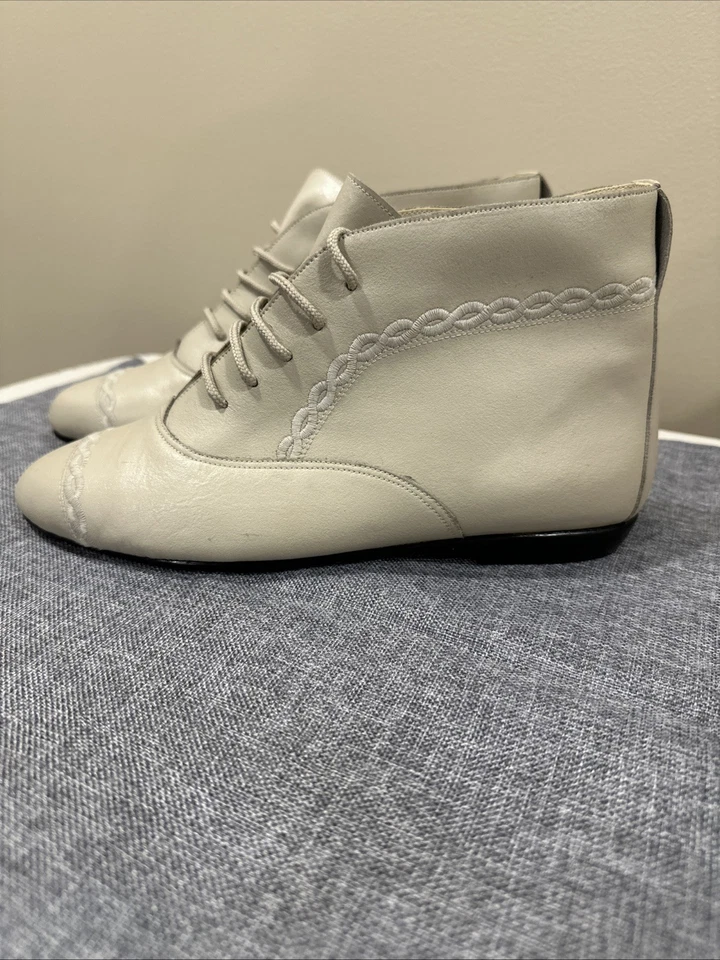 Botín de cuero tejido con cable marfil vintage años 80 7-1/2 marfil hecho por el hombre raro Foto 3 de 4