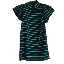 Nine West Flutter Sleeve Sweater Turquoise Black Striped Mock Neck Small