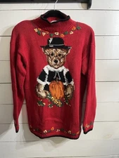 1993 Eagles Eye hand-knit Thanksgiving Fall Turtleneck Pilgrim Bear Large Red