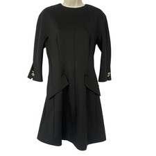 Halston Dress Size 6 Black Ponte Knit Sheath Gold Button Old Money LBD 3/4 Slv