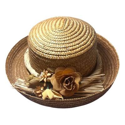 Vintage Straw Boater Sun Hat Floral 3D Flowers Victorian Cottagecore Gardening
