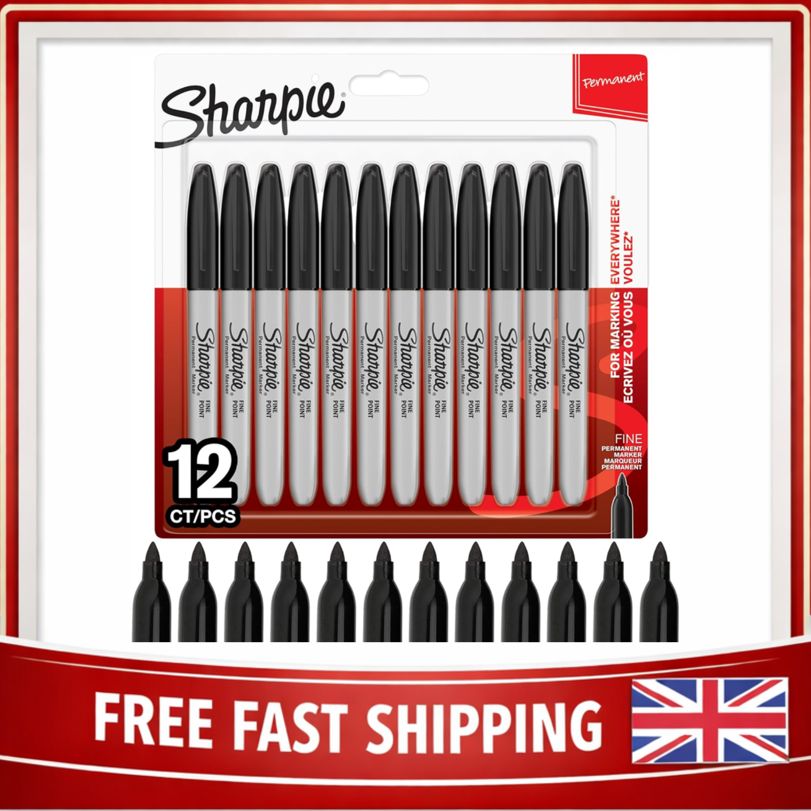 Sharpie Permanent Markers Fine Point for Bold Details 12 Black Pens