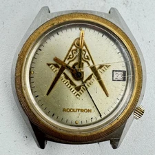 Vintage 37.5mm 1977 Accutron Masonic Men's Tuning Fork Wristwatch USA Gold Tone