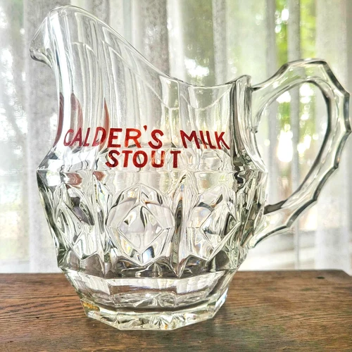 Vintage Calder’s Milk Stout Glass Jug Pub Water Pitcher Alloa Scotland Cow Logo