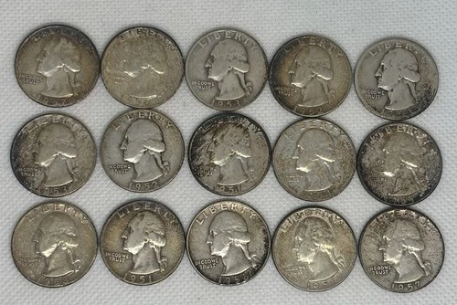 Lot of 15 90% Silver Washington Quarters Various Years