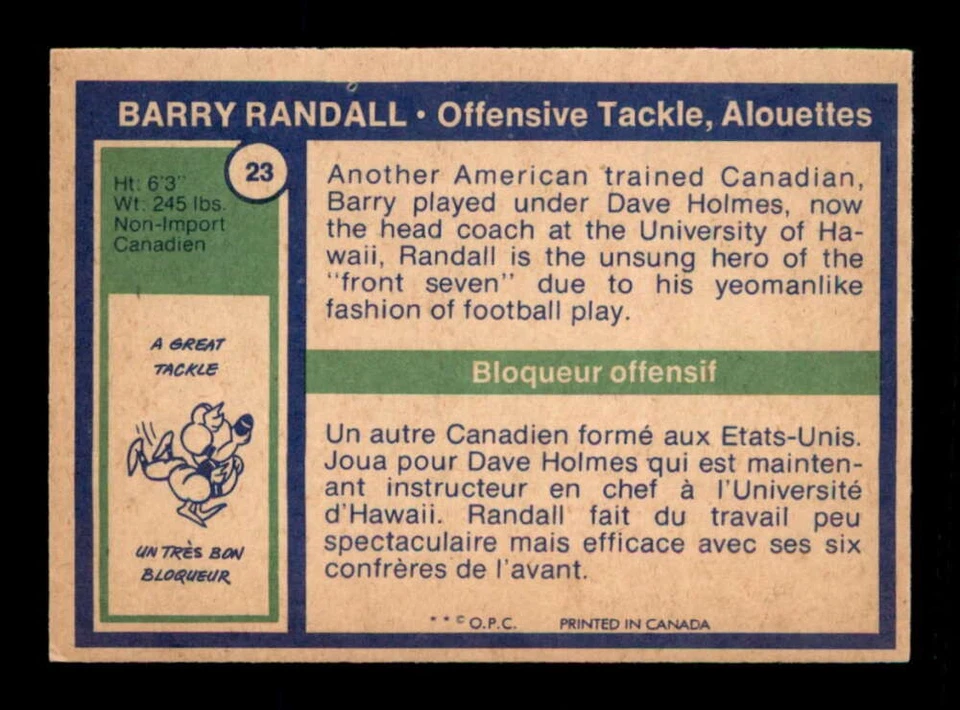 1972 O-Pee-Chee CFL #23 Barry Randall NM/NM+ X3502568 - Image 2 of 3