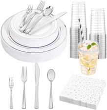 Complete 250PCS Silver Plastic Dinnerware Set for Events & Celebrations