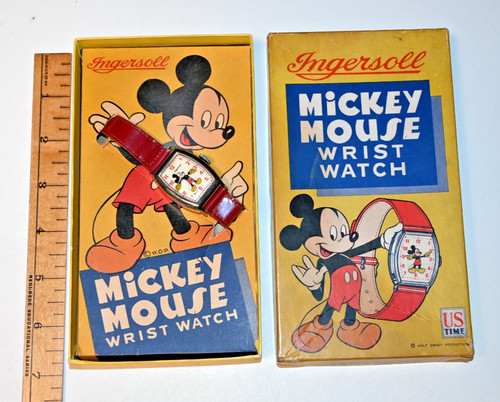 Circa 1947 Ingersoll Mickey Mouse Watch in Orig Yellow Box US Time Logo Works