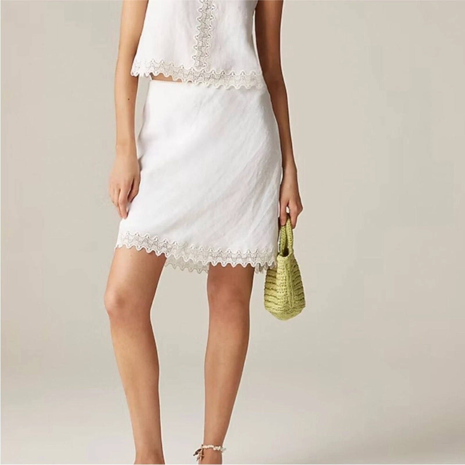 NWT J CREW Gwen lace-trim slip skirt in linen in white Size XL