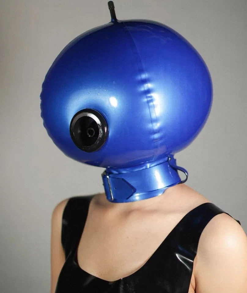 Máscara de goma doble con capucha inflable de látex con boca respiratoria para ropa de club fetiche Foto 4 de 4