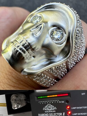 MOISSANITE Iced HEAVY Death Skull Ring Mens Real Solid Matte Finish 925 Silver