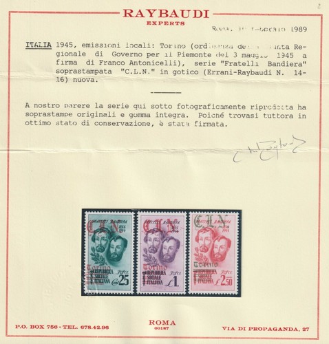 1945 CLN Torino Fratelli Bandiera soprastampati C.L.N. Certificato Raybaudi MNH - Foto 4 di 4