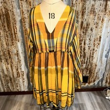 L Urban Outfitters Plaid Tunic Mini Dress Long Sleeve Yellow Black V Neck Boho