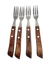 Vintage Mid-Century Trident Meat Forks – Set of 4, Wood Handle & Stainless