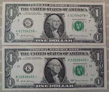 Lot of 2 Series 2017 $1 Dollar Bill Star Notes, Serial # 01704278* and 12535401*