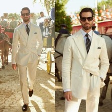 Men's Cream White Linen Suits Double Breasted Jacket with Trousers for Wedding