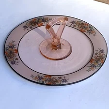 Vintage Pink Glass TidBit Tray Dish w/ Handle Pink Floral Band Rim 11” Across