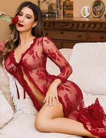 Sexy Lingerie Women Long Lace Kimono Robe Dress Sheer Gown See-Through Sleepwear