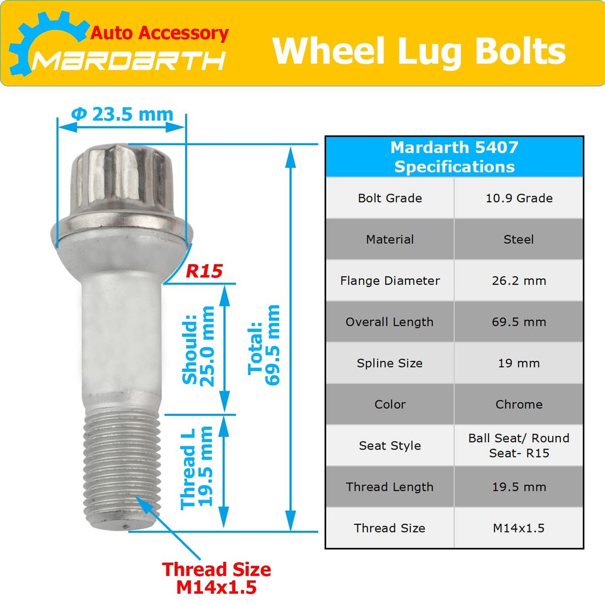 Akozon Wheel Lug Bolts - 20 Pcs M14x1.5 For Mercedes Benz ML350, S500, GLK350, S550, CL500, GL450 | OE 0009905307 8 thumbnail image