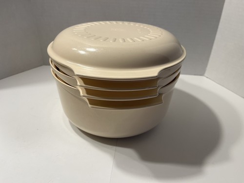 Vtg Tupperware Microwave Stack Almond 4 Piece Cooking Set 1 Qt, 13/4 Qt, 3 Qt - Zdjęcie 2 z 14